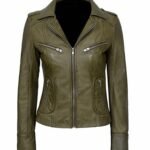 Olive Green Biker Leather Jacket for Women