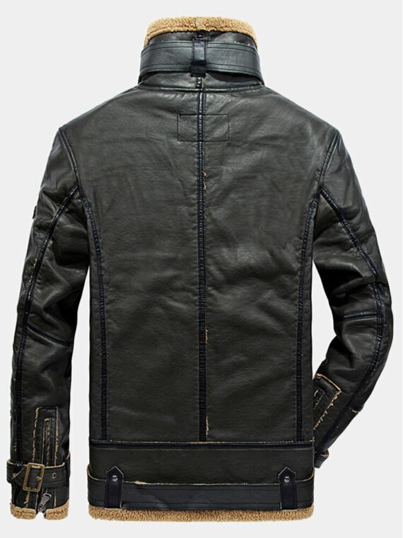 Zip Front Patched Sherpa Lined Thicken Biker Jacket With Pocket for Men