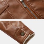 Mens Leather Zip Front Lapel Collar Thick Jackets With Flap Pockets