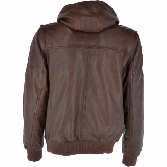 Brown Leather Hooded Bomber Jacket Mid