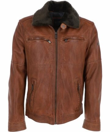 Leather Jacket With Detachable Collar Cognac