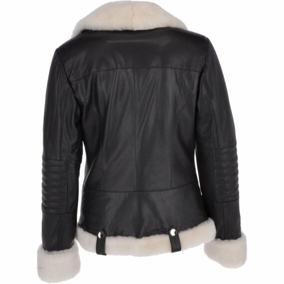 Womens Side Zip Biker Leather Jacket with Sheepskin Collar and Cuffs Black for Sale