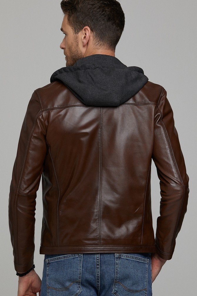 Brown Hooded Biker Leather Jacket